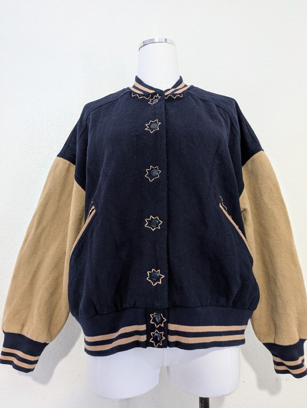 Free People Wool Blend Navy and Tan Varsity Bomber Jacket Sizr Medium